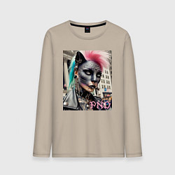 Лонгслив хлопковый мужской Девушка кошка - панк не умер, цвет: миндальный