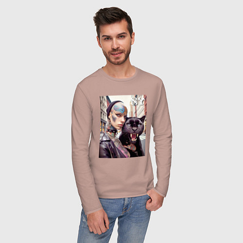 Мужской лонгслив Punk girl under the protection of a panther - New / Пыльно-розовый – фото 3