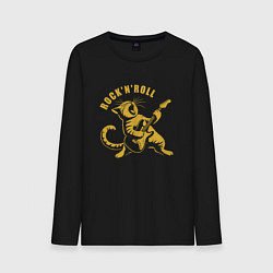 Лонгслив хлопковый мужской Кот гитарист играет на гитаре рок-н-ролл ретро, цвет: черный