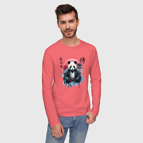 Мужской лонгслив Panda - bushido samurai code / Коралловый – фото 3