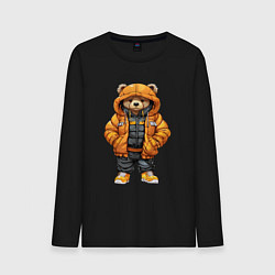 Лонгслив хлопковый мужской Медведь в тёплой куртке, цвет: черный