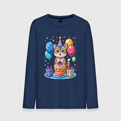 Лонгслив хлопковый мужской День рождения кота, цвет: тёмно-синий