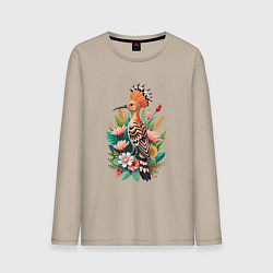 Лонгслив хлопковый мужской Птица удод среди цветов, цвет: миндальный