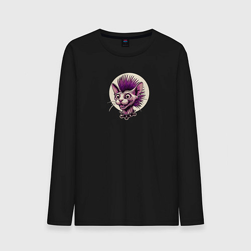 Мужской лонгслив Кот сфинкс с ирокезом панка / Черный – фото 1