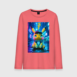 Лонгслив хлопковый мужской Funny neon Pikachu под энергетическим барьером - a, цвет: коралловый