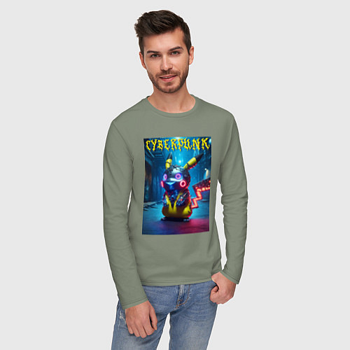 Мужской лонгслив Cyberpunk - cool Pikachu neon glow / Авокадо – фото 3