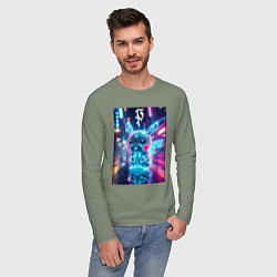 Лонгслив хлопковый мужской Маленький милый неоновый Пикачу - нейроарт, цвет: авокадо — фото 2