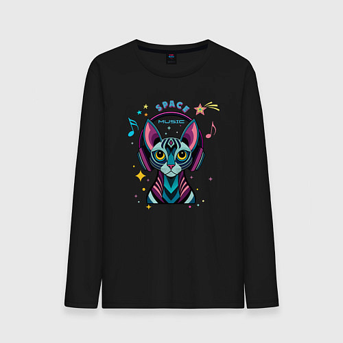 Мужской лонгслив Кот в наушниках - музыка / Черный – фото 1