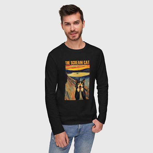 Мужской лонгслив The scream cat art / Черный – фото 3
