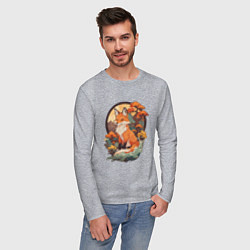 Лонгслив хлопковый мужской Лиса в японском стиле на фоне гор, цвет: меланж — фото 2