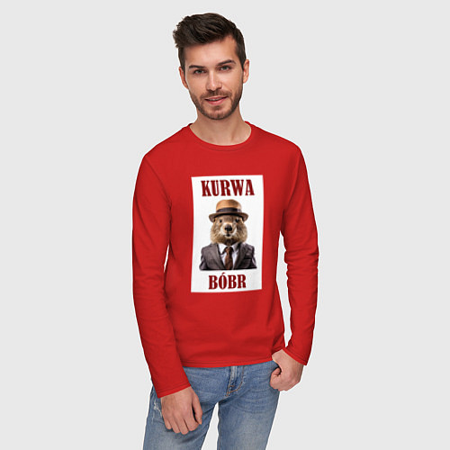 Мужской лонгслив Бобр курва деловой мем / Красный – фото 3