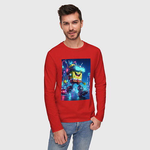 Мужской лонгслив Cyber Sponge Bob - neon glow fantasy / Красный – фото 3