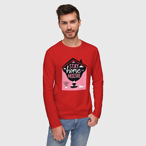 Мужской лонгслив Оставайся дома и медитируй - йога / Красный – фото 3