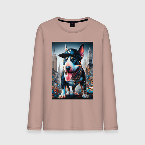 Мужской лонгслив Funny bull terrier in New York - ai art / Пыльно-розовый – фото 1