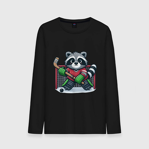 Мужской лонгслив Енот хоккеист вратарь / Черный – фото 1