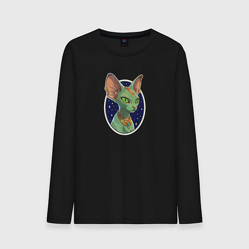 Мужской лонгслив Кот сфинкс на фоне звёздного неба / Черный – фото 1