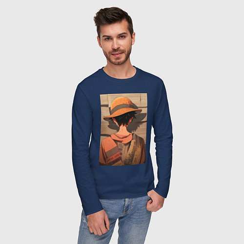 Мужской лонгслив Ван-Пис Луффи стенгазета / Тёмно-синий – фото 3