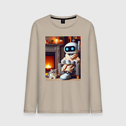 Лонгслив хлопковый мужской Робот у камина с котом и чашкой кофе - нейроарт, цвет: миндальный