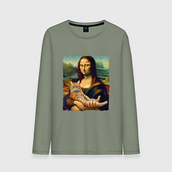 Лонгслив хлопковый мужской Мона Лиза с рыжим котом, цвет: авокадо