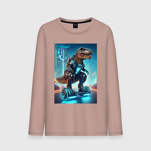 Мужской лонгслив Cyber tyrannosaur on a hoverboard - neon glow fant / Пыльно-розовый – фото 1