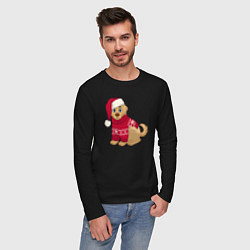Лонгслив хлопковый мужской Собачка в новогоднем свитере, цвет: черный — фото 2