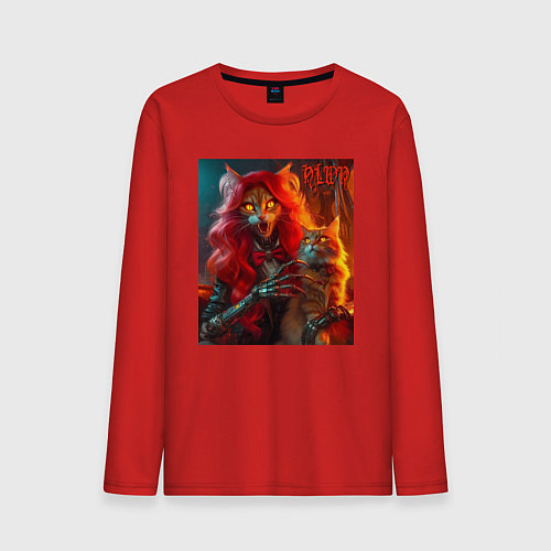Мужской лонгслив Ведьма с рыжим котом - хэллоуин / Красный – фото 1