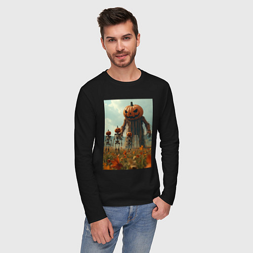 Мужской лонгслив Монстры тыквы в поле / Черный – фото 3
