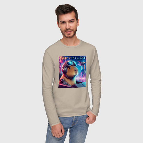 Мужской лонгслив Capybara is a cool pilot - ai art fantasy / Миндальный – фото 3