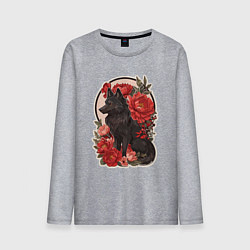 Лонгслив хлопковый мужской Чёрный волк и красные цветы, цвет: меланж