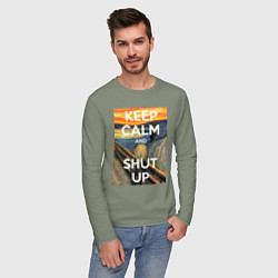 Лонгслив хлопковый мужской Успокойся и заткнись - девиз, цвет: авокадо — фото 2