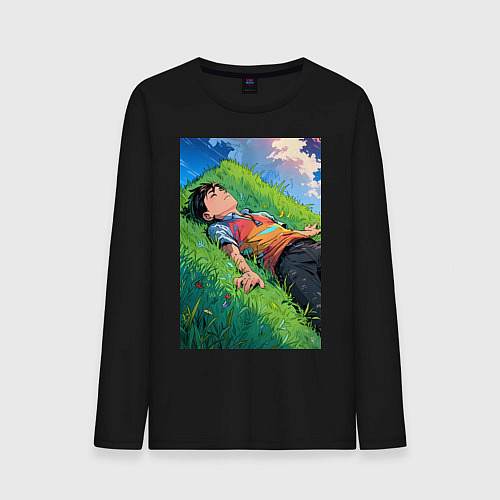 Мужской лонгслив Аниме мальчик на траве / Черный – фото 1