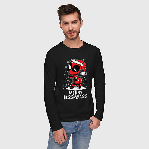 Мужской лонгслив Новогодний Дэдпул / Черный – фото 3