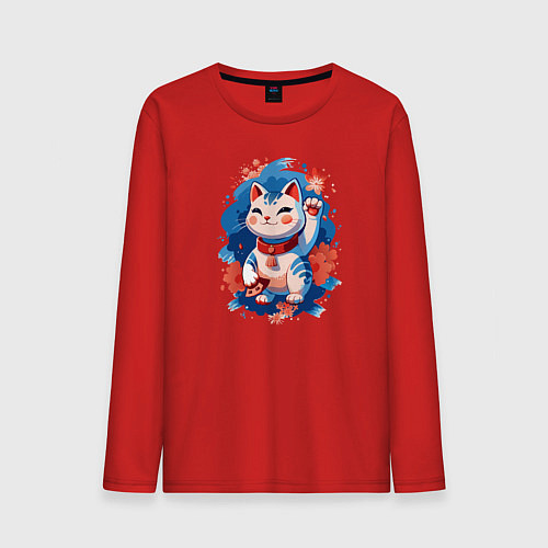 Мужской лонгслив Манеки Неко, белая кошка удачи с цветами / Красный – фото 1