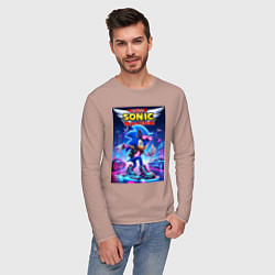 Лонгслив хлопковый мужской Sonic racing team - hedgehog on a board, цвет: пыльно-розовый — фото 2