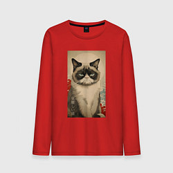 Лонгслив хлопковый мужской Мемный кот - японский стиль, цвет: красный