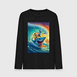 Лонгслив хлопковый мужской Рик и Морти - сёрфинг на акуле, цвет: черный