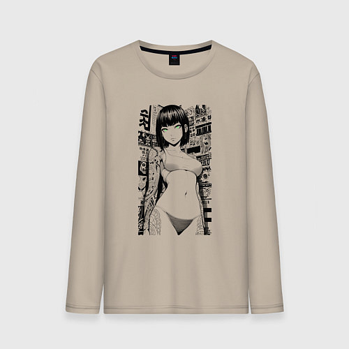 Мужской лонгслив Зеленоглазая девушка с татуировками / Миндальный – фото 1