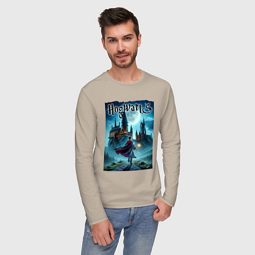 Мужской лонгслив Harry Potter with a magic wand - Hogwarts / Миндальный – фото 3