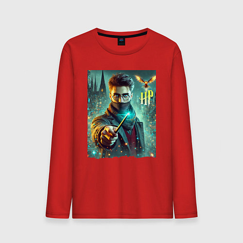 Мужской лонгслив Harry Potter with a magic wand - ai art fantasy / Красный – фото 1