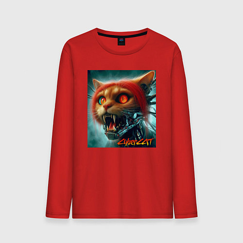 Мужской лонгслив Super cyber red cat - ai art fantasy / Красный – фото 1
