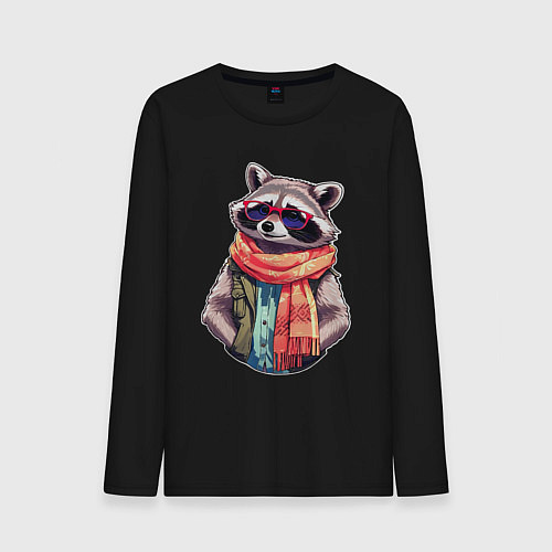 Мужской лонгслив Модный енот в очках и шарфе / Черный – фото 1