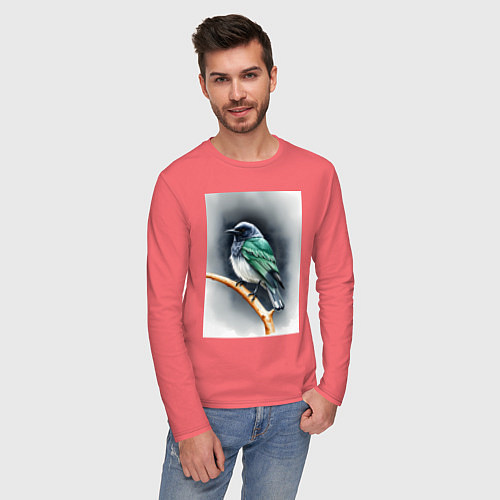 Мужской лонгслив Птичка на ветке / Коралловый – фото 3