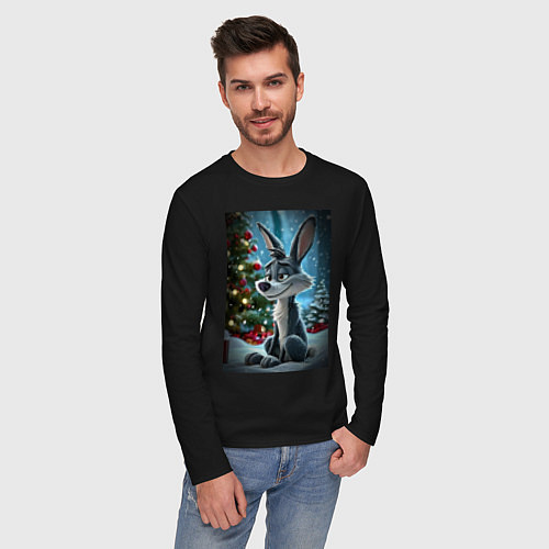 Мужской лонгслив Серый волк у елочки / Черный – фото 3