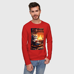 Лонгслив хлопковый мужской Уютный кот у камина с чашкой какао, цвет: красный — фото 2