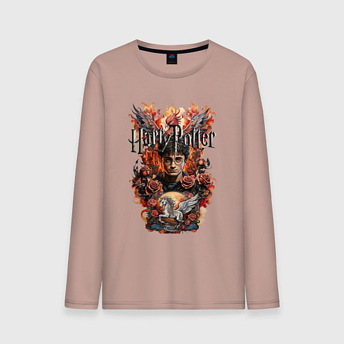 Мужской лонгслив Гарри Поттер на фоне феникса и пегаса / Пыльно-розовый – фото 1