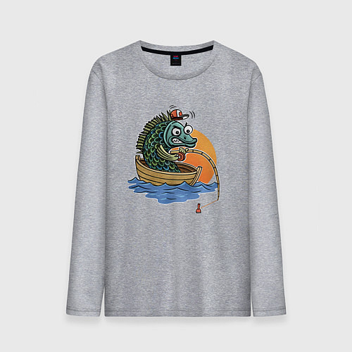 Мужской лонгслив Увлеченная рыба-рыбак ловит рыбу удочкой / Меланж – фото 1