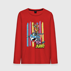 Лонгслив хлопковый мужской Том и Джерри - полосы, цвет: красный