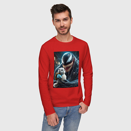 Мужской лонгслив Venom and funny kitten with backpack / Красный – фото 3