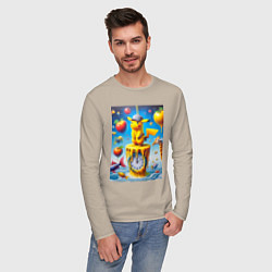 Лонгслив хлопковый мужской Funny Pikachu and fishes - surrealism, цвет: миндальный — фото 2