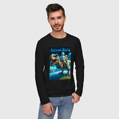 Мужской лонгслив Рик и Морти верхом на тираннозавре / Черный – фото 3